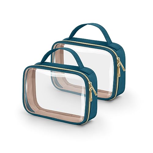 Image of Wedama TSA Approved Toiletry Bag, 2 Pack Clear Makeup Bags with Handles, Quart Size Clear Toiletry Bags, PVC Cosmetic Bag for Women and Men, Carry on Airport Airline Compliant Bag, Til Blue