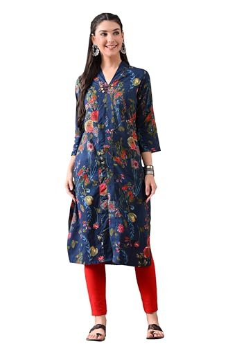 Image of Ichaa Women's Pure Cotton A-Line Ethnic V-Neck Kurta with 3 /4th Sleeve for Daily and Office Wear, in Plus Sizes