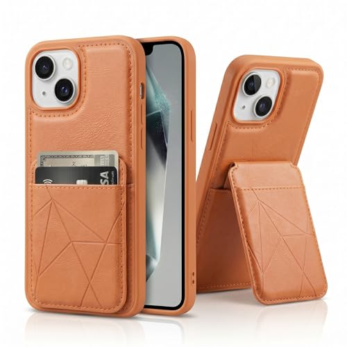 Image of amazon basics Premium Vegan Leather Back Cover with Card Holder and Integrated Mobile Stand for iPhone 15 - Slim Shockproof Wallet Case with Geometric Stitching [Tan]