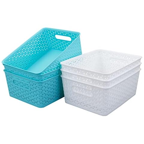Sandmovie 6-Pack Plastic Woven Storage Baskets with Handles Cover