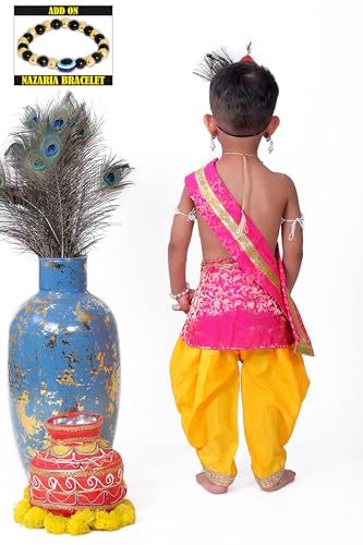 Image of Krishna Dress for Kids, Baby Krishna Dress for Janmashtami with Krishna Mukut, Peacock Feather & Flute Embroidered Krishna Costume for Girl & Boy, 3 Months-8 Years