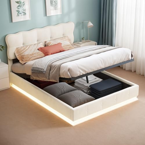 Polsterbett 140x200 cm, Jugendbett mit Gepolstertes Kopfteil und Lattenrost, Hydraulisch Stauraumbett mit Bettkasten, Gepolstertes Bett für Schlafzimmer und Gästezimmer, Ohne Matratze, Samt, Beige