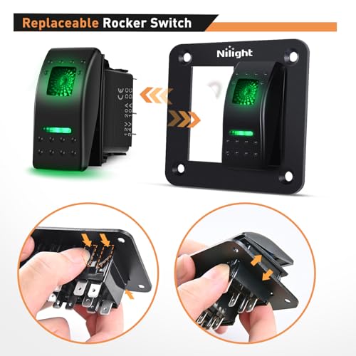 Image of Nilight 2 Gang Rocker Switch Panel SPST On Off Toggle with DIY Label Sticker | 5PIN Electrical 12V /20A 24V /10A Aluminum Plate with Pre-Wired Jumper Wires for LED Light Bar RV Boats 4X4 Cars Green