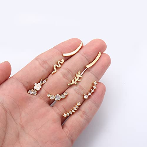 Fibo Steel 8 Pcs 16G Cartilage Earrings Helix Piercing Jewelry For Women Stainless Steel Opal Cz Conch Daith Tragus Piercing Jewelry Flower Snake Leaf Screw Back Stud Earrings Set Gold Tone thumb #4