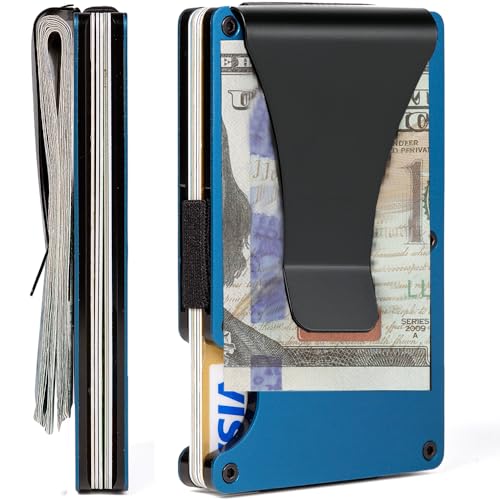 Image of Minimalist Wallet for Men, Slim Metal RFID Blocking Wallet Credit Card Holder Money Clip & Cash Strap, Scratch-Resistant Holds 15 Cards,Ideal Gift for Men | Matt Blue