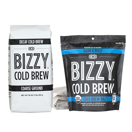 Bizzy Organic Cold Brew Coffee | Bundle | Coarse Ground Decaf 1 Lb + Dark & Bold Brew Bag 4-Count| 2 Pack #TOP16