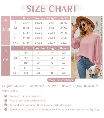 Womens Elegant V-Neck Chiffon Blouse, Loose Fit Lantern Sleeve Tunic Top, Dressy Holiday Shirt - Solid Pink #TOP5