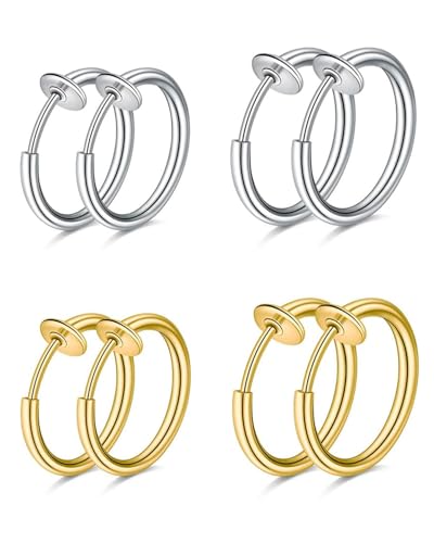 HUVZOR 4 paires de boucles d'oreilles clips en acier inoxydable pour femmes, hommes ou filles, sans perçage, imitant les boucles d'oreilles anneaux (or +...
