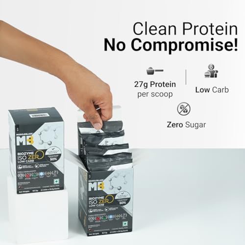 Image of MuscleBlaze Biozyme Iso-Zero Whey Protein Isolate Powder, 5 Sachets | Ice Cream Chocolate | 27g Whey Protein Per Sachet | USA Patent-Published Enhanced Absorption Formula (EAF)
