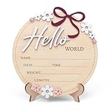 Wooden Baby Announcement Sign 6 Inch Round Birth Stat Plaque with Floral and Bow Design (Berry)