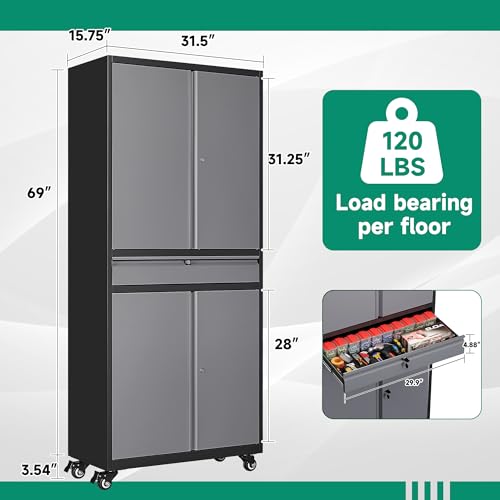 Image of Letaya Metal Garage Storage Cabinet with Wheels,72 inch Rolling Tool Cabinet with 4 Door Lock-Adjustable Shelves and Drawer for Garage Home Office Utility Room (Black&Gray with Wheels)