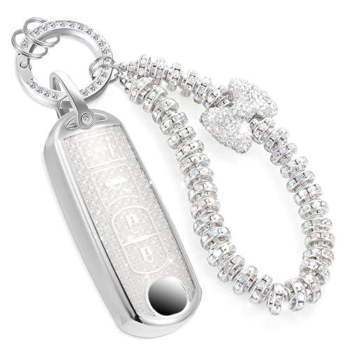 Image of Car Key Fob Cover for Mazda, Rhinestone Wristlet Case, White | Wear-resistant TPU shell, non-stretch rhinestone wristlet, daily splash, scratch and drop protection, normal signal use