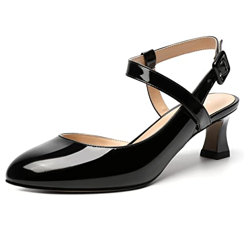 SKYSTERRY Women's Casual Ankle Strap Patent Slip On Slingback Round Toe Wedding Spool Low Heel Pumps Shoes 2 Inch