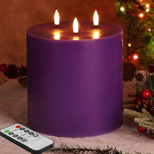Eywamage 3 Wick Purple Large Flameless Pillar Candle with Remote 6x6 in