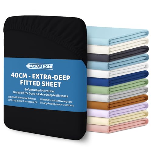 Image of ACRALI HOME King Fitted Sheet - Black Bottom Sheet for King Bed with 40cm Extra Deep Fit Pocket- Hotel Quality Soft Microfiber Bedsheet - Breathable, Shrinkage and Fade Resistant