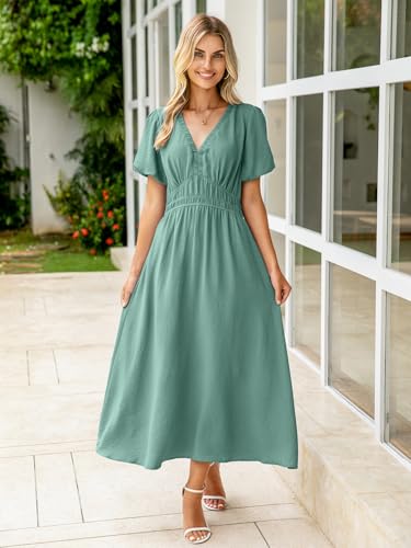 Image of Simplee Women's Summer Flowy Midi Dress Casual V Neck Short Sleeve Empire Waist Boho Beach Dress Wedding Guest Maxi Dress