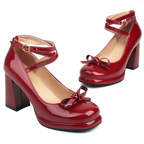 YIYA Women's Platform Mary Jane Shoes Pumps Heels Bow Lolita Platform Chunky Block High Heels Close Round Toe Ankle Buckle Strappy Cute Party Dress Shoes2