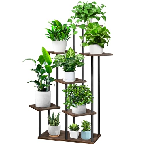 Support de Plante en Métal Bois, YOCOMEY Multiple Étagère à Fleurs Support de Pots Fleurs Porte Plantes Interieur, Décoratif Présentoir Étagère de Pots Fleurs pour Salon Balcon (7 Niveaux, Noir Chêne)