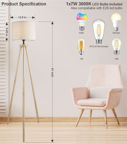 Tripod Floor Lamp For Living Room, Wood Floor Lamp With Elegant Flaxen Lamp Shade And E26 Edison Led Bulb, Mid Century Standing Light For Office, Study Room, Bedroom #TOP3