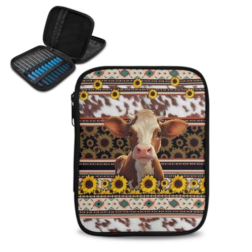 Kathyboom Estojo de ganchos tribais de crochê de vaca – bolsas vazias com zíper portátil, organizador de bolsa de viagem com compartimentos para carregar várias agulhas