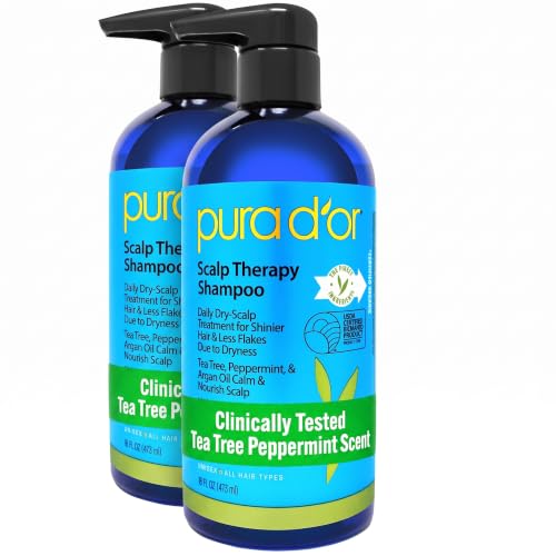 PURA D'OR Scalp Therapy Shampoo Hydrates &amp; Nourishes Scalp Care Shampoo For Itchy Flaky-Scalp Tea Tree,Peppermint,Patchouli,Cedarwood,Clary Sage,Argan Oil 16oz(Packaging may vary)(00602)(Pack of 2)