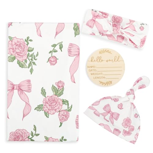 Image of TANOFAR 4-Pack Newborn Swaddle Blanket for Baby Girls & Boys, Ultra Soft Receiving Blankets with Matching Headband and Beanie Set Baby Nursery Swaddle Wrap, Flower Bow