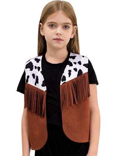 Girls Boys Sleeveless Cow Print Fringed Cowboy Cowgirl Vest Waistcoat for Kids Western Party Dress Up