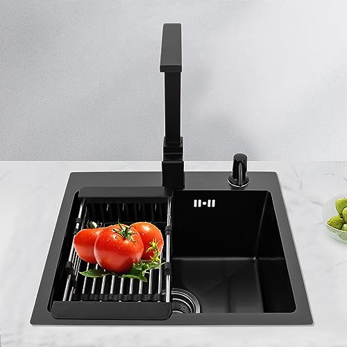 Kit de fregadero de cocina de acero inoxidable negro mate, incluye fregadero empotrado, grifo de cocina con dispensador de jabón y bajante de 45 x 40 cm, giratorio 360 ° - Fregadero Cocina 1 Seno