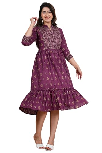 Image of Monique Brand Women's /Girls Cotton Kurta for Women Floral Printed Regular Fit Anarkali Kurta ||Floral Flared Western Dress