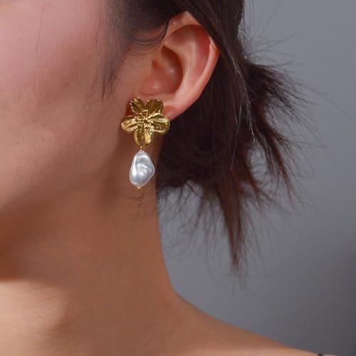 Kokoma Bohemian Flower Earrings for Women Mom Stainless Steel Baroque Pearls Dangle Drop Stud Earrings Elegant Ear Jewelry for Mother3