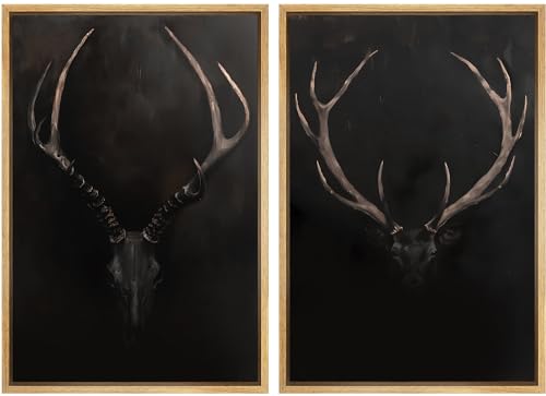 SIGNWIN Framed Canvas Print Wall Art Rustic Antler Skull Dark Dramatic Black Vintage-Inspired Deer and Elk Antlers Illustrations Decorative for Living Room, Bedroom, Office - 24'x36'x2 Natural