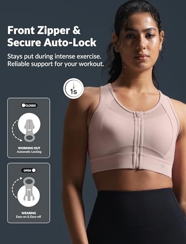 Image of Yvette Women's Sports Bra Front Zipper High Impact Support Mesh Racerback | Plus Size Friendly,Sewn-in Pads Stay Put,Wirefree & Supportive,Breathable,Secure Zip Closure,For Large Bust,Running,Gym,HIIT