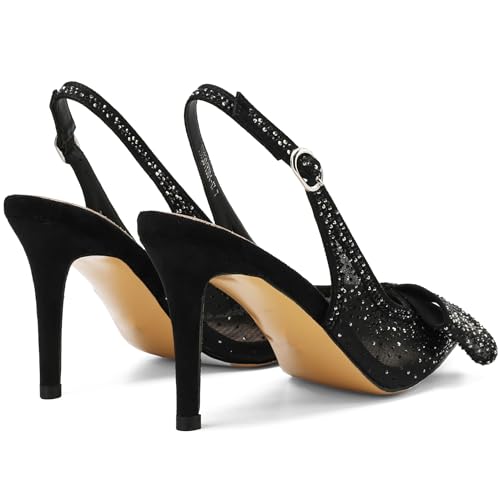 Image of Women's Slingback Heels with Bow Leather Pointed Toe Pumps with Elasticated Strap 3.3 inch High Heels Evening Comfy Dress Shoes