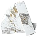 AULIGET 4-Piece Polished White Marble with Gold Peel and Stick Backsplash Wall Tiles, 3" x 12" PVC Faux Stone Stick on Tiles for Backsplash Kitchen, Bathroom, Laundry Room, Camper, Fireplace