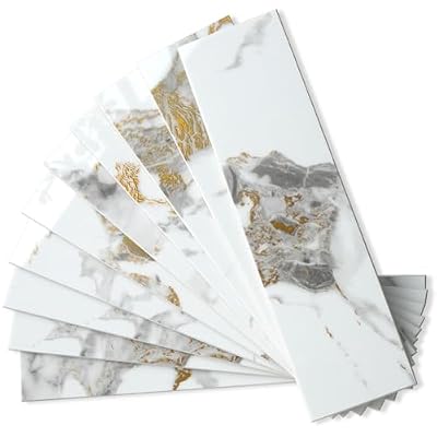 AULIGET 4-Piece Polished White Marble with Gold Peel and Stick Backsplash Wall Tiles, 3" x 12" PVC Faux Stone Stick on Tiles for Backsplash Kitchen, Bathroom, Laundry Room, Camper, Fireplace