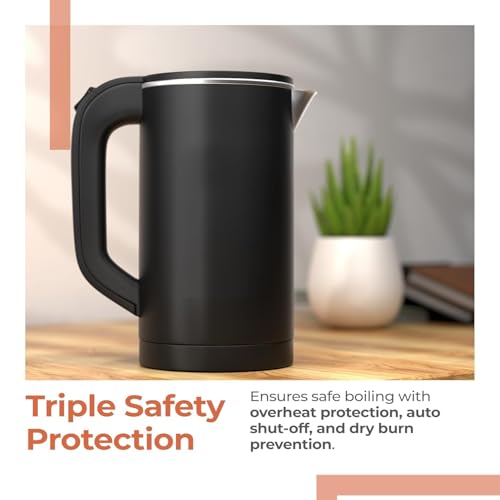 Image of FRESHOME Electric Kettle 1.5 Litre with 7-8 Cups | 1350W Stainless Steel Kettle with Double Wall & Cool Touch Body, 360 Swivel Base, Water Level Indicator, Auto Shut-Off & Overheat Protection (Black)