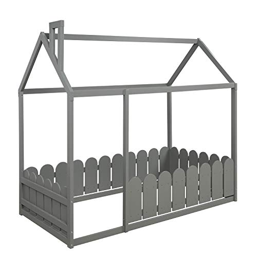 Aocoroe Twin Size House Bed For Boys And Girl Wood Twin Platform Bed Frame Playhouse Design Canopy Bed Tent Bed With Roof And Fence, Floor Height,Grey #TOP4