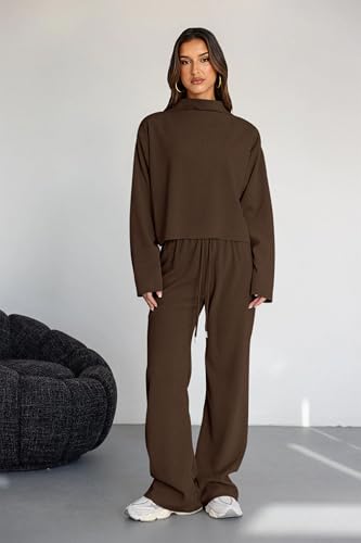 PRETTYGARDEN Two Piece Sets for Women Fall Sweatsuit Long Sleeve Knit Mock Neck Tops Wide Leg Pants Lounge Set Travel Outfits2