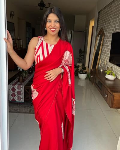 Image of Sidhidata Women's Soft Satin Flower Printed Saree With With Unstitched Blouse Piece (Pradhya Red Red Free Size)
