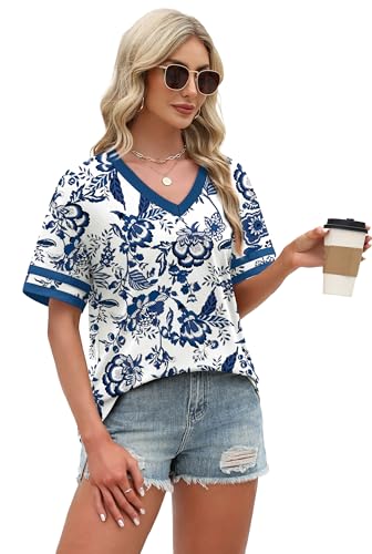 Image of WIHOLL Womens T Shirts Loose Fit Short Sleeve Tees V Neck Color Block Summer Tops 2026 Fashion S-4XL