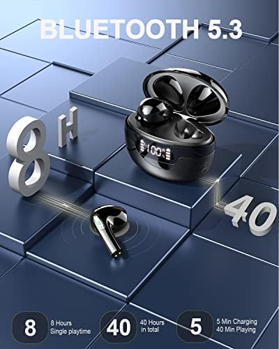 Wireless Earbuds, Bluetooth 5.3 Stereo Headphones with HD Mic ENC Noise Reduction, 40H Playtime with LED Power Display, IP7 Clear Sound Deep Bass in Ear Earphones for Commute, Work, Mystic Black(2023)