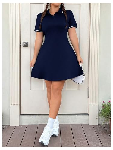 Image of RoseSeek Women's Plus Size Football Jersey Dress Collared Golf Tennis Dress Button Front A Line Streetwear Dresses Dark Blue 3XL