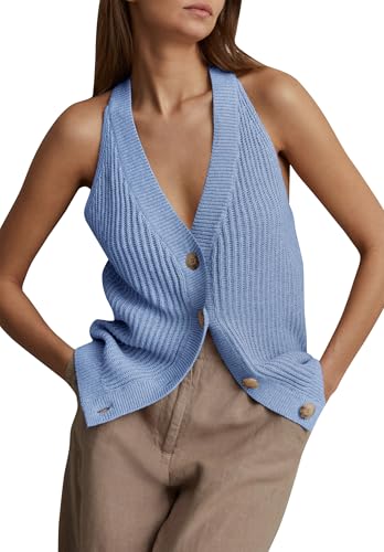 Image of Womens Button-Front Sweater Vest Top V Neck Sleeveless Knit Tank Fitted Halter Raceback Cardigan Vest