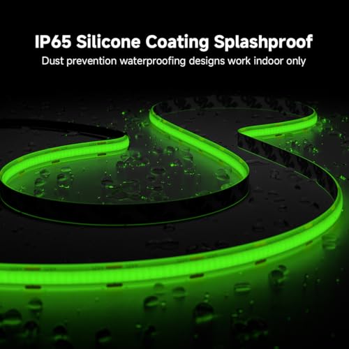 Image of BTF-LIGHTING FCOB IP65 Waterproof Green Color COB LED Strip 16.4FT DC24V 480LED /m 8mm Width Flexible High Density CRI 90+ Dimmable LED Light for Home Indoor Decor(No Controller or Adapter)