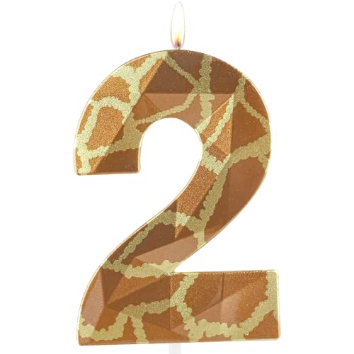 Metallic 3D Giraffe Wild One Birthday Candles, Number 2 Candle, Happy 2nd Birthday Candle for Cake, Jungle Safari Cake Topper Decorations for Boys Girls Birthday Party Anniversary Celebration Supplies