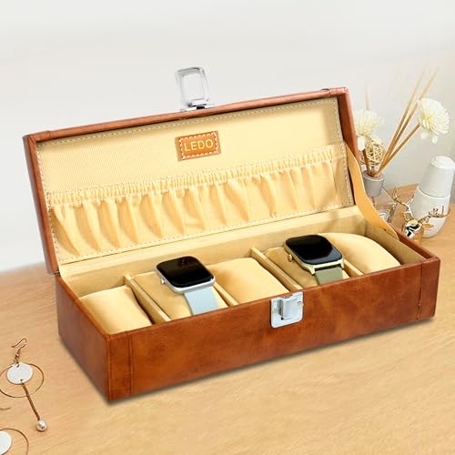 LEDO Watch Box organizer case for Men and Women in tan color with 5 slots of watches PU Leather