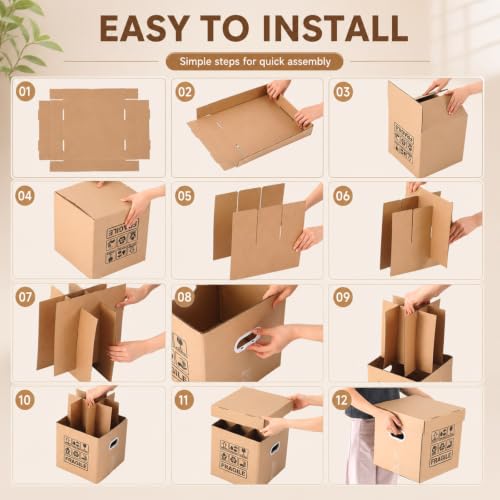 Image of 6 Pack 5-ply Wine Glass Moving Boxes with Fragile Label Holds 9 Stemware | 12 x 12 Inch Glassware Packing Boxes with Lids and Handles, Heavy Duty for Champagne Glasses Wine Glassware Crystal