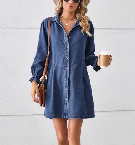 chouyatou Women's Button Down Denim Shirt Dress Lantern Long Sleeve Tiered Baydoll Jean Mini Dress4