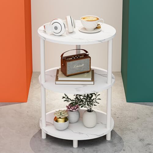 Image of Small Round Side Table - 3-Tier Oval Accent Table for Small Spaces, Rustic Wood and Metal Couch End Table, Nightstand for Bedroom or End Table Living Room, Easy to Assemble, Marble White