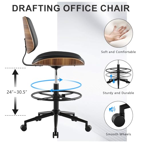 Image of Drafting Chair with Adjustable Footrest, Armless Modern Tall Office Chair for Standing Desk, PU Leather Swivel Stool in Curved Bentwood Style, Ergonomic Rolling Walnut Chair for Office(Black)